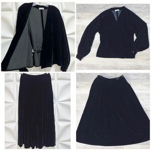 Calvin Klein Womens Sz 2 Velvet 2pc Set Wrap Top Pleated Maxi Skirt Black Vtg
